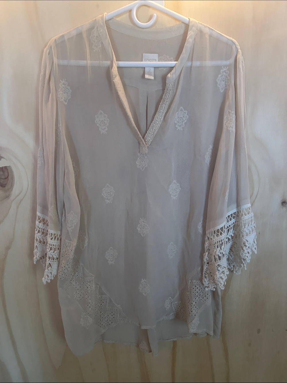Chico's Sheer Lace-Trim Tunic in Soft Beige